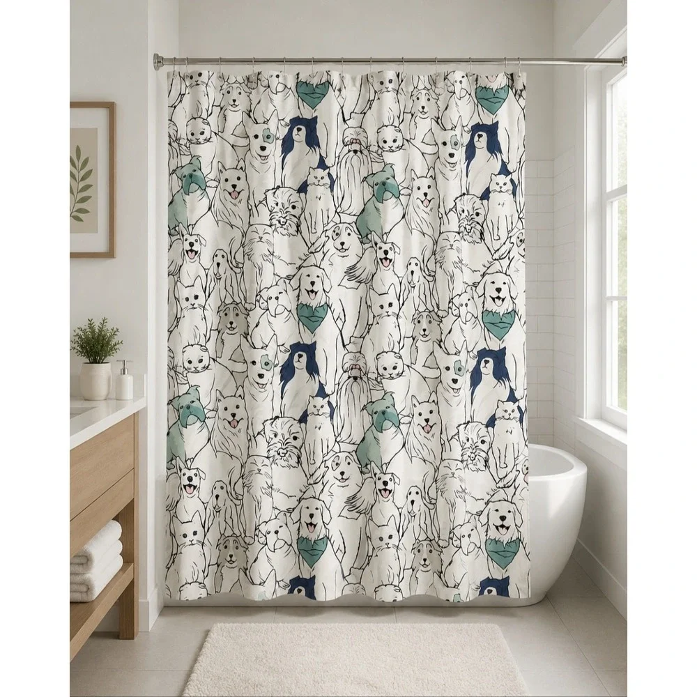 Pet Friends Dog and Cat Cotton Shower Curtain 72x72 Multi Color Animal Print